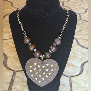 Gold and Brown Wooden Heart Pendant Necklace
